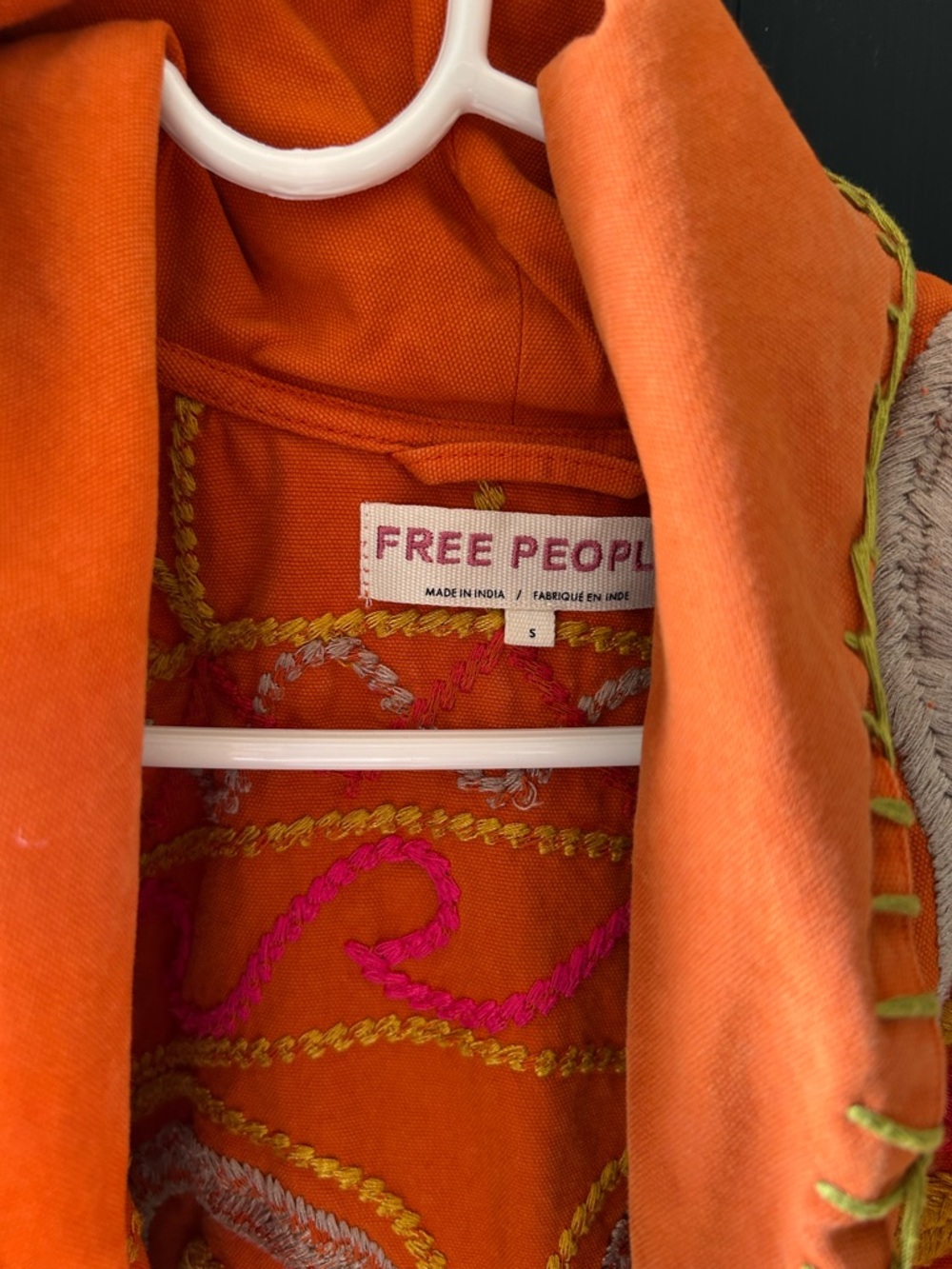 Free People Orange Embroidered Velvet Bomber Jacket with Pink & Yellow Accents - Picture 3 of 9
